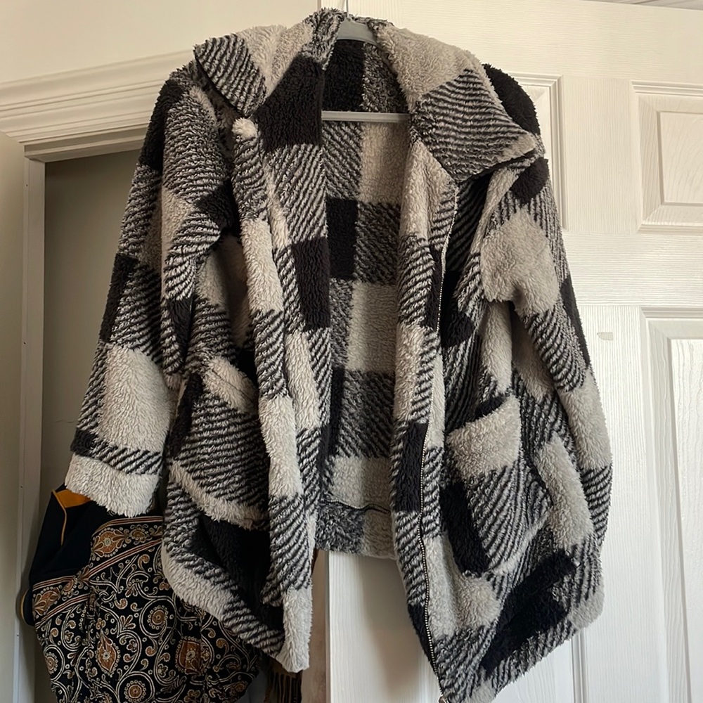 Plaid Fuzzy Zip Up Coat